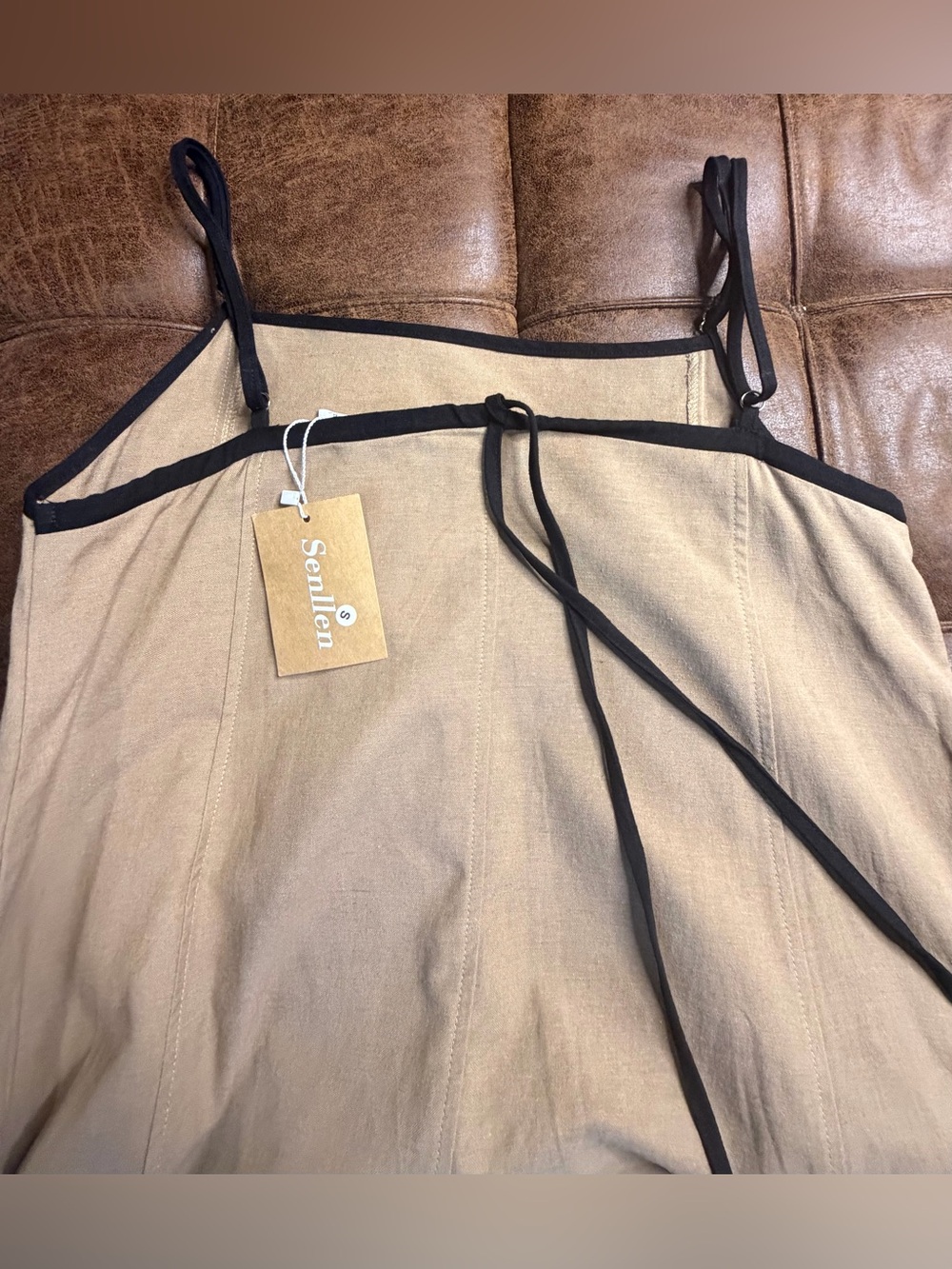 Senllen linen maxi dress Camel brown tan  Black Trim adjustable Size Small NWT - Picture 13 of 15